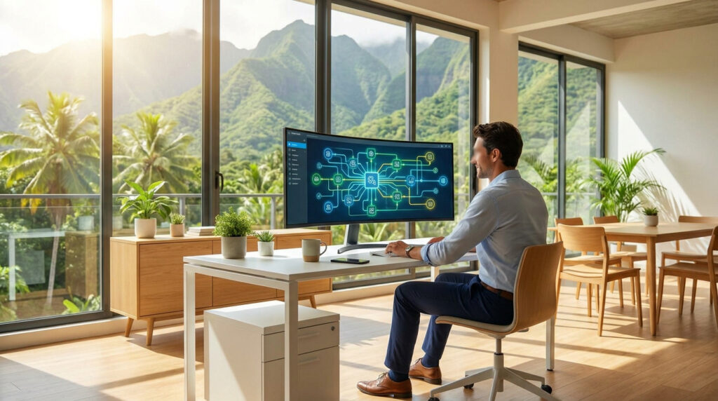 Un professionnel travaillant sur un ordinateur avec un schéma d'automatisation devant une vue montagneuse tropicale.