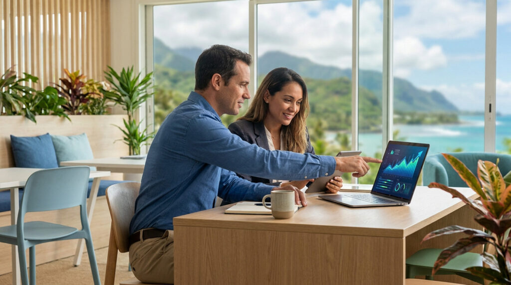 Professionnels analysant des données financières sur un ordinateur avec une vue sur les montagnes et la mer à La Réunion.