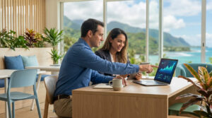 Professionnels analysant des données financières sur un ordinateur avec une vue sur les montagnes et la mer à La Réunion.