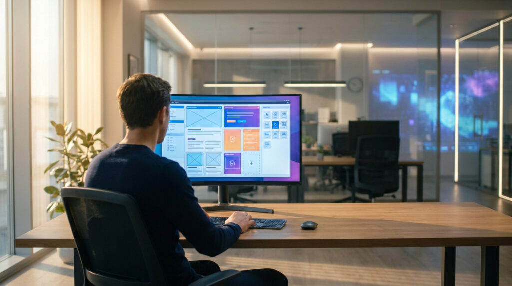 Développeur travaillant sur la conception d'un site web avec Elementor sur un écran incurvé dans un bureau moderne.