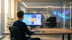 Développeur travaillant sur la conception d'un site web avec Elementor sur un écran incurvé dans un bureau moderne.