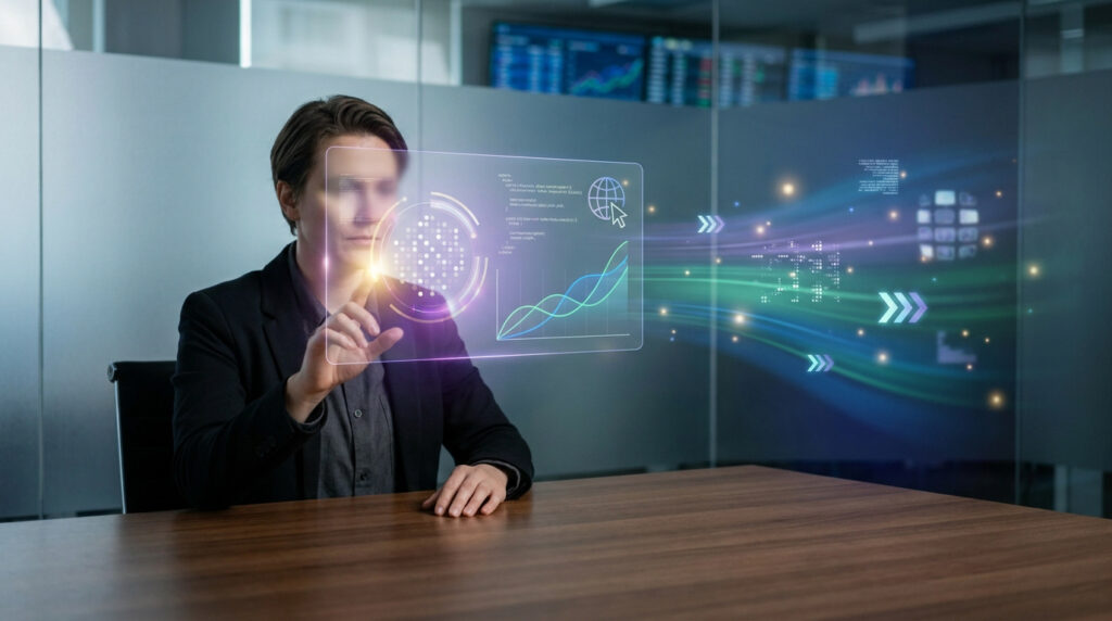 Professionnel interagissant avec une interface numérique holographique affichant des graphiques et des données.