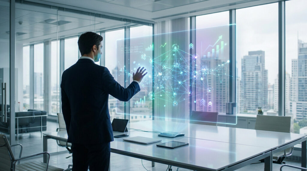 Homme d'affaires interagissant avec une interface holographique de données dans un bureau moderne.