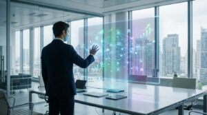 Homme d'affaires interagissant avec une interface holographique de données dans un bureau moderne.