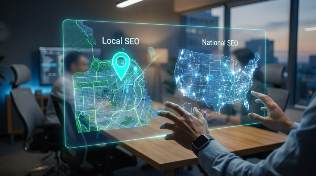 Interface numérique montrant une carte locale et une carte nationale pour comparer les stratégies SEO dans un bureau.
